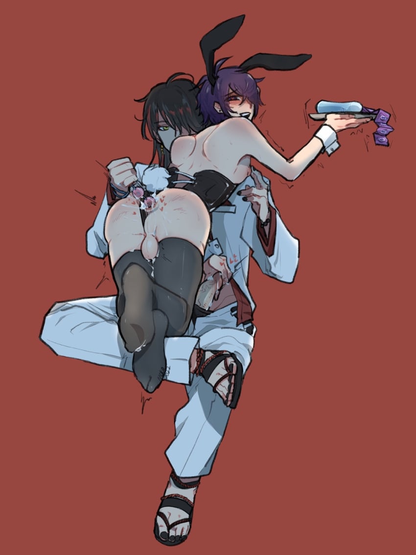 2boys anal_beads bunny_ears bunny_tail bunnysuit buttplug buttplug_tail condom femboy gay indie_virtual_youtuber lube male/male male_focus male_only n3konsfw nijisanji nijisanji_en nipple_tweak painted_nails piercing playboy_bunny sandals serving_tray shoto shoto_(vtuber) suit thighhighs twink virtual_youtuber vox_akuma yaoi