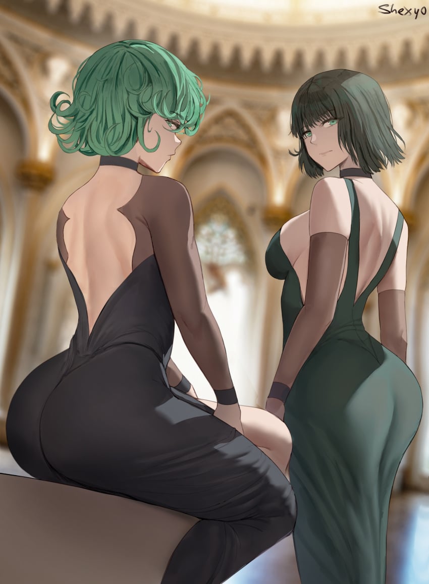 2022 2girls artist_signature ass ass_focus ass_in_dress backless_outfit breasts dress elegant_dress female female_only fubuki_(one-punch_man) green_hair hi_res hips huge_ass indoors large_breasts looking_at_viewer looking_back one-punch_man shexyo short_hair sisters slim_waist tatsumaki thick_thighs thighs wide_hips