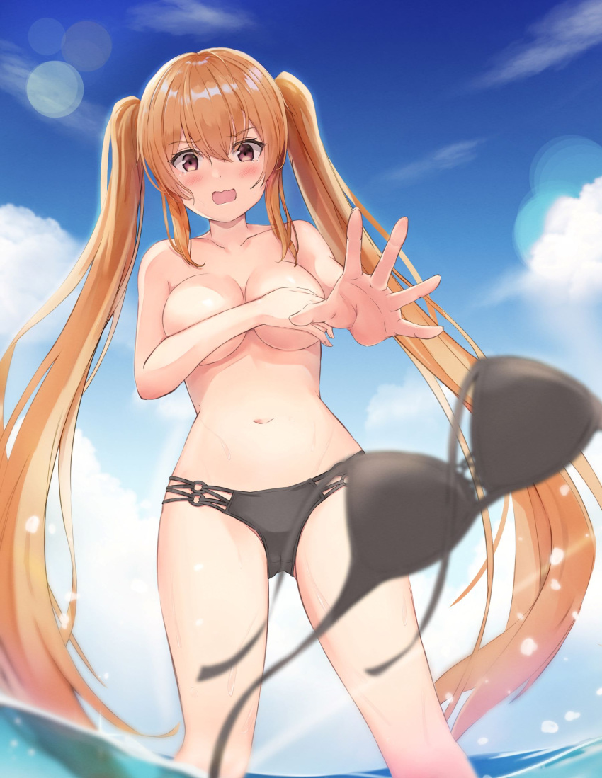 bangs bikini bikini_top_removed black_bikini blurry blurry_foreground blush breast_hold breasts cloud covering covering_breasts crossed_bangs eyebrows_visible_through_hair female female hair_between_eyes highres long_hair multi-strapped_bikini navel ocean open_mouth orange_hair original partially_submerged red_eyes sidelocks sky solo summer swimsuit syan_(4767269) tears thighs topless twintails very_long_hair wardrobe_malfunction wet