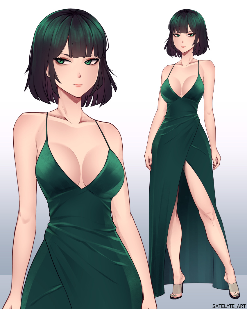 1girls absurdres big_breasts breasts cleavage curvaceous curvy curvy_female curvy_figure cute dark_green_hair dark_hair dress exposed_legs exposed_shoulders feet female female_focus female_only front_view fubuki_(one-punch_man) full_body green_eyes green_hair highres hips legs light-skinned_female light_skin lips lipstick looking_away makeup medium_hair one-punch_man pink_lips pink_lipstick satelyte short_hair slim slim_waist solo solo_female solo_focus thick_thighs thighs thin_waist toes voluptuous waist wide_hips