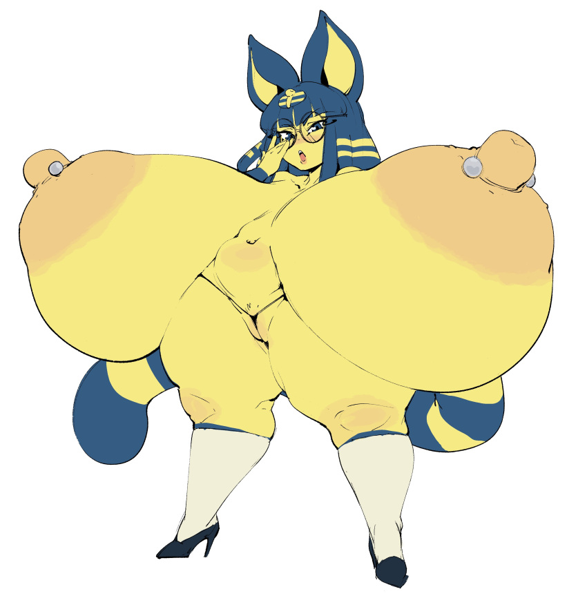 2022 animal_crossing ankha ankha_(animal_crossing) breasts exposed_breasts furrchan gigantic_breasts glasses hyper hyper_breasts nintendo nipple_piercing nipples pierced_nipples tagme thick_thighs thighs