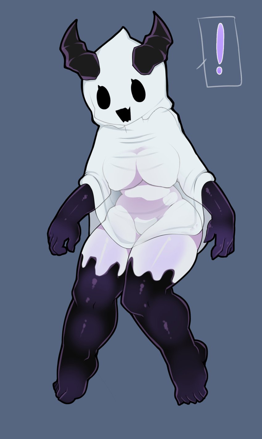 bottomless denva9 female_only ghost goo_creature halloween_costume horns huge_breasts monster_girl original_character shiny_skin slime_girl tarri text text_bubble thick_thighs white_skin