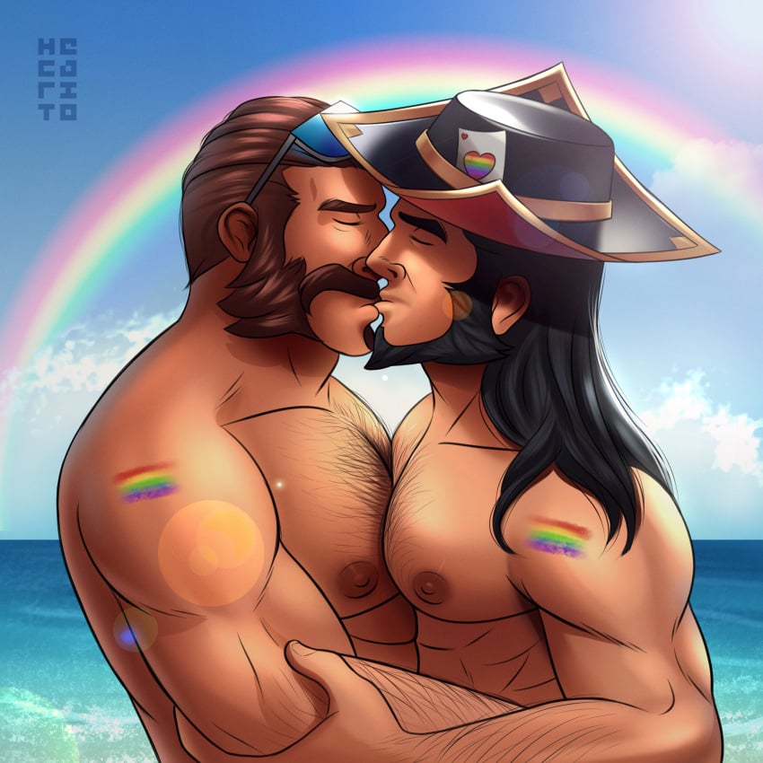 2boys bara beach canon_couple gay hat hecarito holding_hands kissing league_of_legends light-skinned_male malcolm_graves male/male male_only muscular_male nude outdoors pride tobias_fate wholesome yaoi