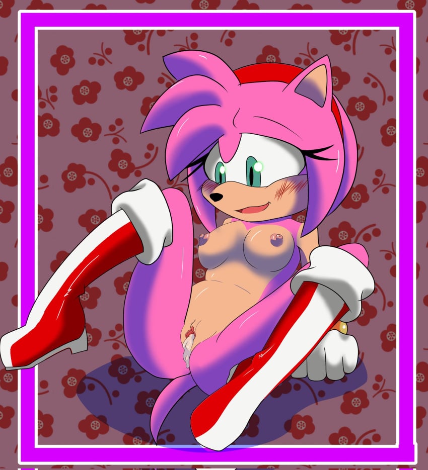 accessory amy_rose anthro black_nose blush bodily_fluids breasts clothing cum eulipotyphlan exposed_torso female footwear genital_fluids genitals green_eyes hair_accessory hairband handwear hedgehog hi_res knightnight54 mammal nipples open_mouth pink_body pussy sega simple_background smile solo sonic_(series)