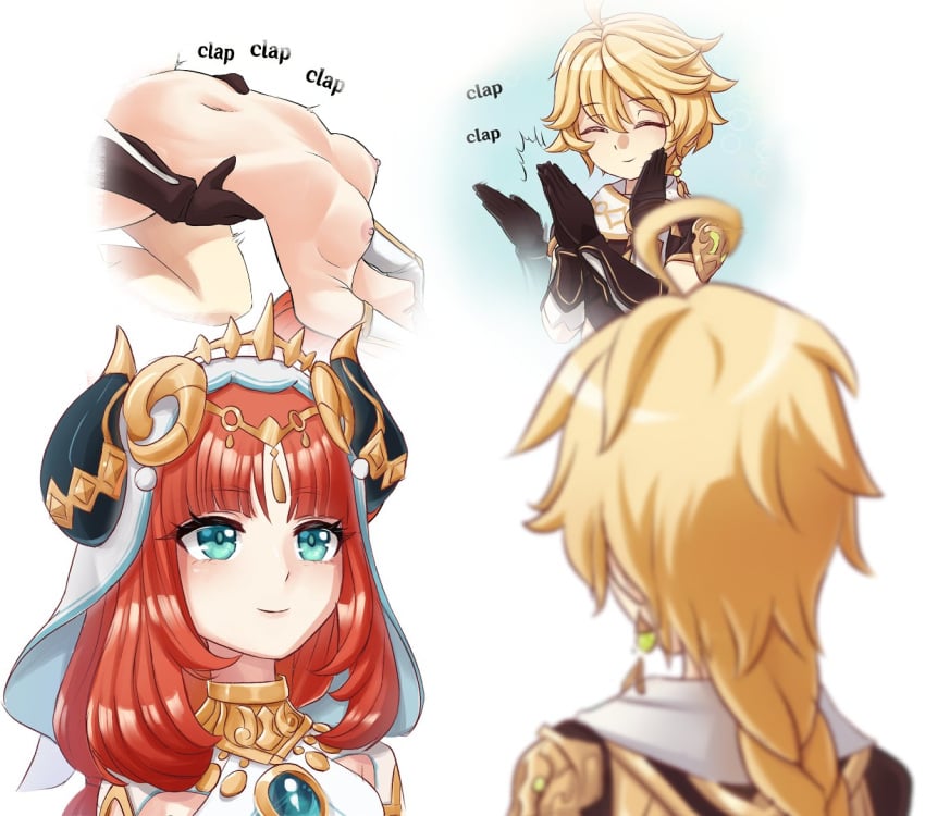 1boy 1girls aether_(genshin_impact) bangs blonde_hair blunt_bangs blurry breasts clapping depth_of_field english_text fake_horns female genshin_impact green_eyes hair_between_eyes headpiece horns light-skinned_female light-skinned_male light_skin long_hair looking_at_another low_ponytail low_twintails luizhtx misunderstanding nilou_(genshin_impact) nipples out-of-frame_censoring out_of_frame red_hair sex short_sleeves sidelocks simple_background small_breasts smile thought_bubble torso_grab twintails veil white_background