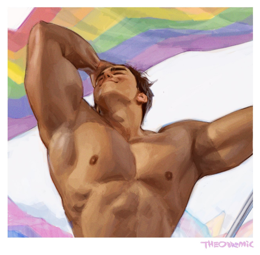 1boy abs bara male male_only muscular_male nipples nude original_character pride smile theobromic