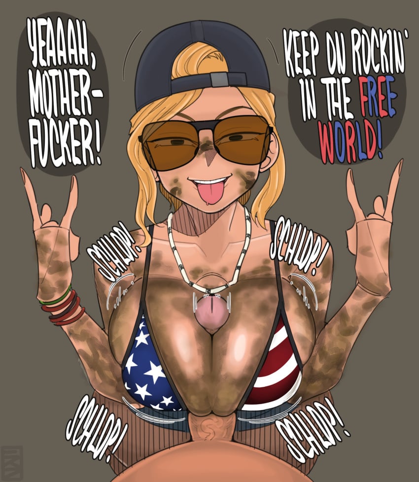 1boy 1girl 1girls 2020s 2023 alternate_version_available american_flag_bikini background_character backwards_baseball_cap backwards_cap bikini bikini_top black_headwear breast_focus breasts cap color color_edit colored comic comic_panel confidence confident confident_smile covered_in_mud devil_horns_(gesture) dirty dirty_body dirty_talk edit edited ekz ekz_(robotekz) female front_view grand_theft_auto grand_theft_auto_vi gta_pedestrians hand_gesture hands-free_paizuri hanon(editor) large_breasts long_hair long_hair_female mud mud_girl_(gta_vi) necklace onomatopoeia paizuri partial_male punk_girl rock_n_roll_sign rockstar_games smile snapback straight strong_tomboy_(spectrum) sunglasses tinted_eyewear titfuck titjob tomboy tongue tongue_out unnamed_character video_game_franchise watermark western_art