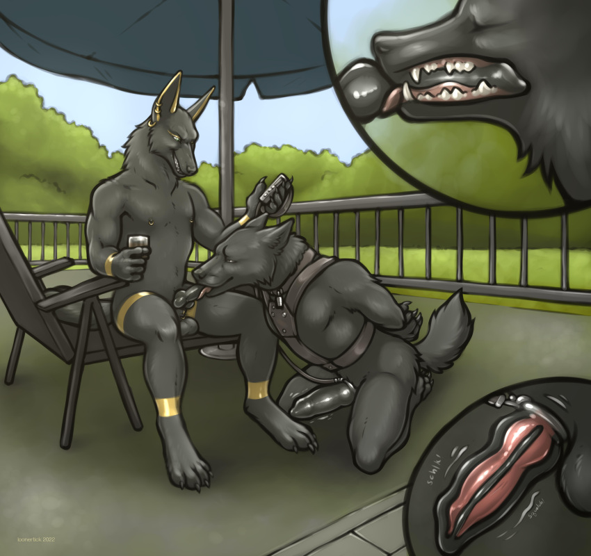 absurd_res alcohol anthro anubian_jackal beverage bondage bound canid canine canis chastity_device collar controller dhahabi_(kiba_kurokage) duo fellatio hands_behind_back hi_res internal_oral jackal kneeling leash level000_(commissioner) loonertick male male/male male_penetrated male_penetrating male_penetrating_male mammal oral orgasm_control orgasm_denial parasite penetration penile permanent permanent_chastity piercing remote_control sex urethral urethral_penetration were werecanid werecanine werewolf