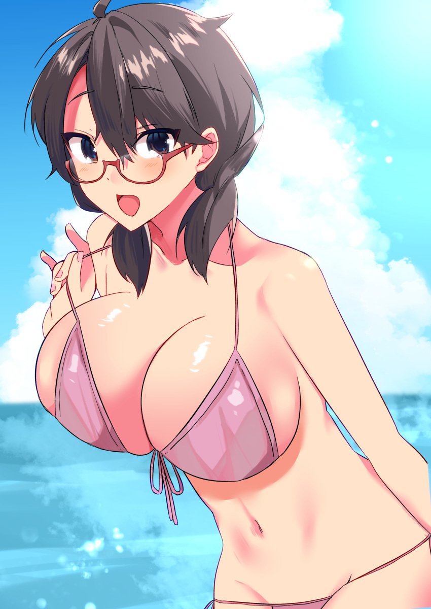 1girls alternate_breast_size beach bikini blush cleavage female glasses huge_breasts kawai_yade smile solo sumireko_usami swimsuit touhou water