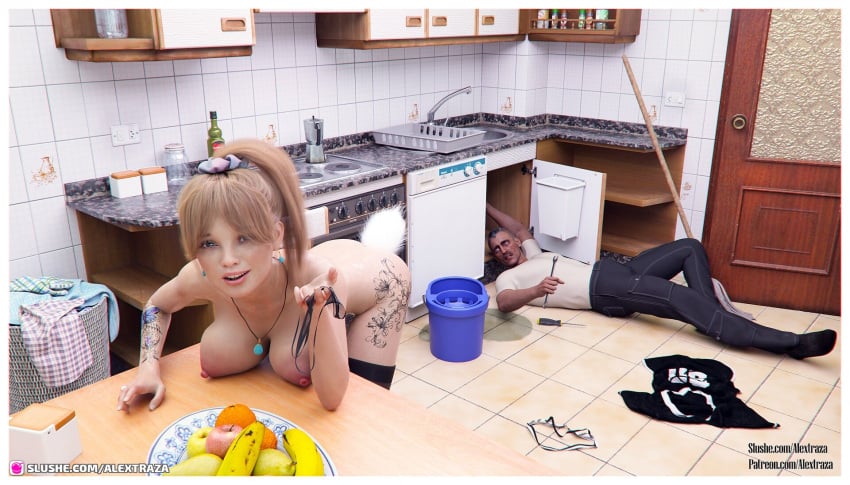 1girls 2022 3d alextraza arm_tattoo bent_over bent_over_table blonde_hair bottomless female flashing holding_panties indoors kitchen large_breasts leg_tattoo male neck_tattoo necklace no_panties nopan nude nude_female plumber slushe_(website) smile tattoo