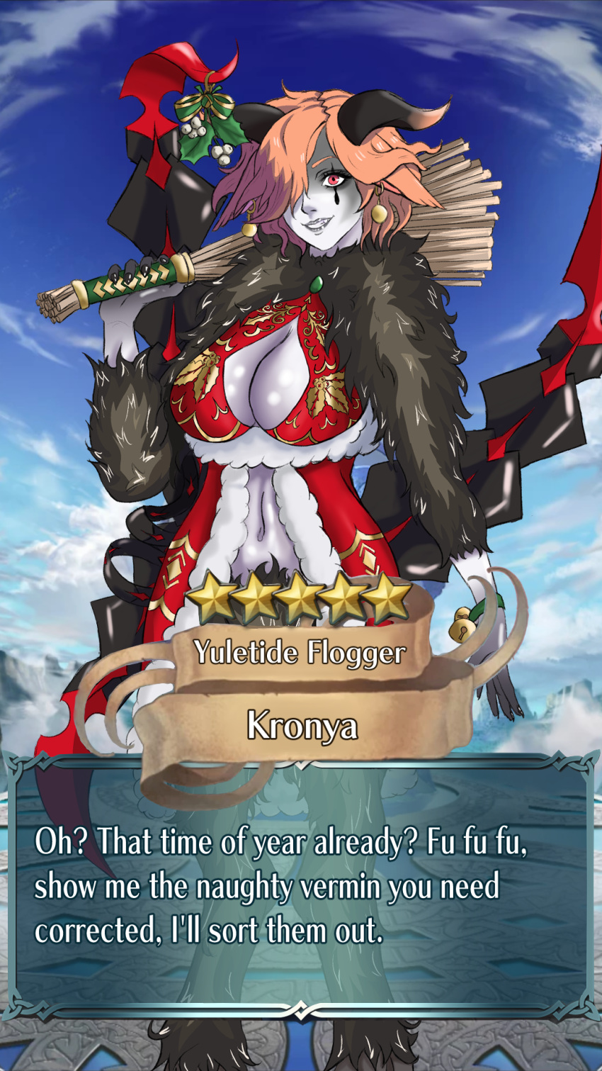 1girls alternate_costume artist_kiwi bare_midriff bell black_nails breasts broom christmas cleavage cleavage_cutout cosplay earrings english_text female female_only fire_emblem fire_emblem:_three_houses fire_emblem_heroes fur grey_lips grey_lipstick grin hair_over_one_eye hoof_boots horns krampus_(cosplay) kronya_(fire_emblem) large_breasts legs lipstick looking_at_viewer midriff mistletoe nail_polish nintendo orange_hair purple_skin red_eyes short_hair smile solo stats tail text text_box weapon