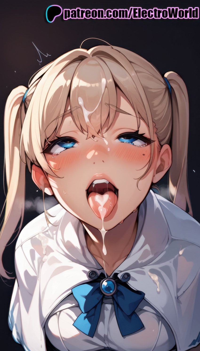 1girls after_fellatio after_oral after_sex ai_generated azur_lane blonde_hair blue_eyes blush breasts clavicle cumshot curvaceous curvy curvy_body curvy_female electroworld eyelashes facial female female_only graf_zeppelin_(azur_lane) highres lips open_mouth ponytails saliva seductive seductive_look seductive_pose semen semen_in_mouth semen_on_body semen_on_breasts semen_on_hair semen_on_tongue shiny_skin simple_background solo sperm teeth tongue uncensored voluptuous voluptuous_female