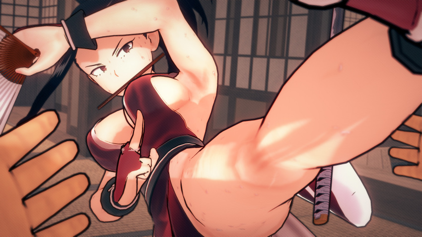 1girls 3d big_breasts biyo cosplay dark_hair fatal_fury female fight fire guss japanese_clothes kicking king_of_fighters kunoichi mai_shiranui mai_shiranui_(cosplay) male momo_yaoyorozu my_hero_academia ninja no_bra