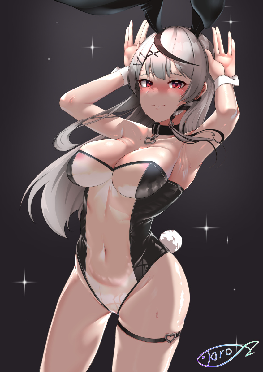 1girls absurdres animal_ears armpits arms_up bare_shoulders black_hair blush braid breasts bunny_ears bunny_tail bunnysuit collar embarrassed fake_animal_ears fake_tail female frown gloves hair_ornament heart heart_hair_ornament highres hololive hololive_japan holox large_breasts leotard long_hair looking_at_viewer navel red_eyes sakamata_chloe see-through see-through_clothing side_braid silver_hair solo sweat tail thigh_strap toro_zai translucent_bunnysuit transparent_bunnysuit virtual_youtuber wrist_cuffs x_hair_ornament