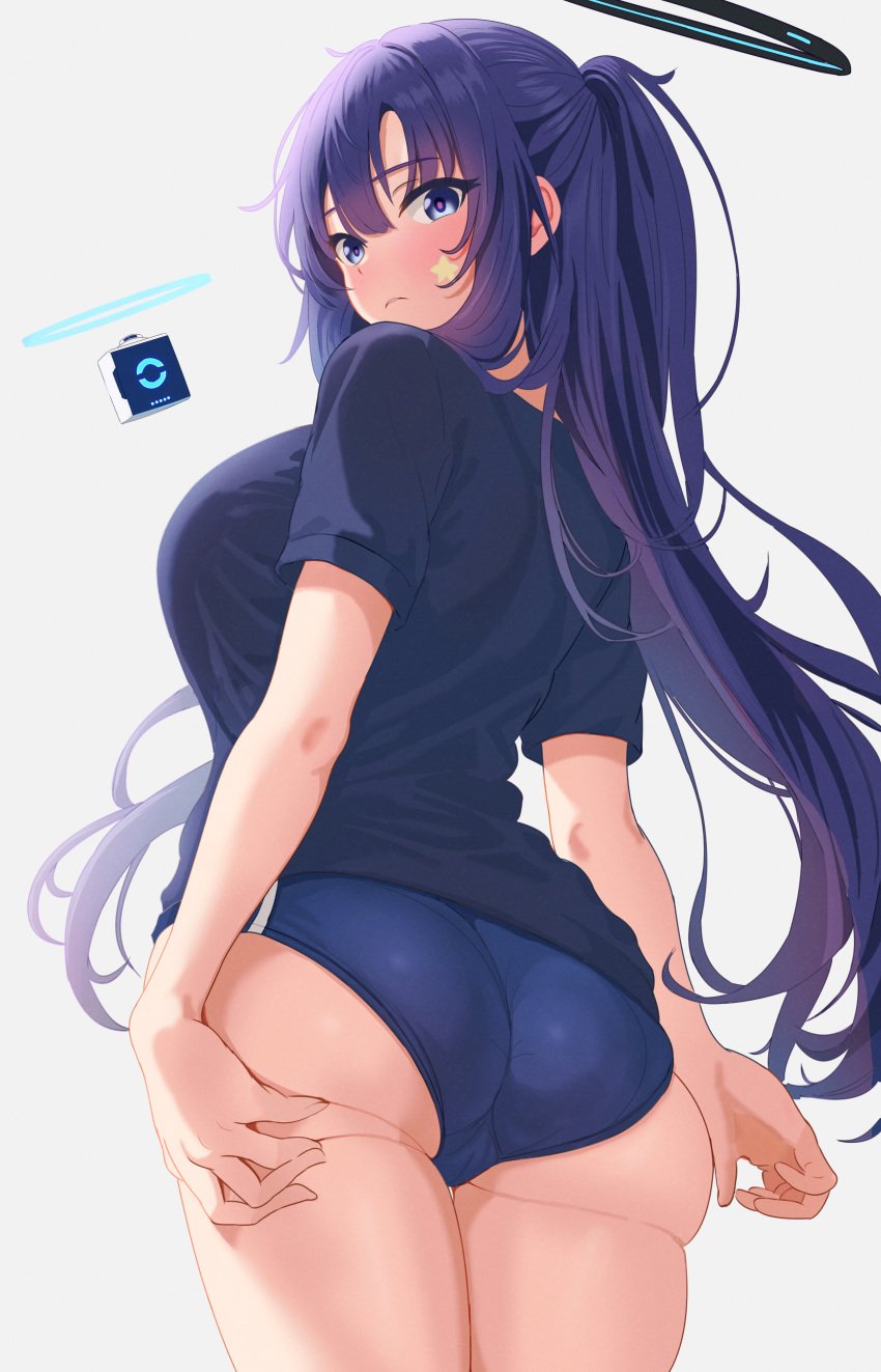 1girls ass ass_support big_ass big_breasts bloomers blue_archive blue_eyes bottomwear breasts buruma female female_focus female_only gym_clothes gym_uniform hair halo hand_on_ass huge_breasts light-skinned_female light_skin looking_back millennium_science_school_student ni_tamago_sando ponytail purple_hair seminar_(blue_archive) solo thighs topwear yuuka_(blue_archive) yuuka_(gym_uniform)_(blue_archive)