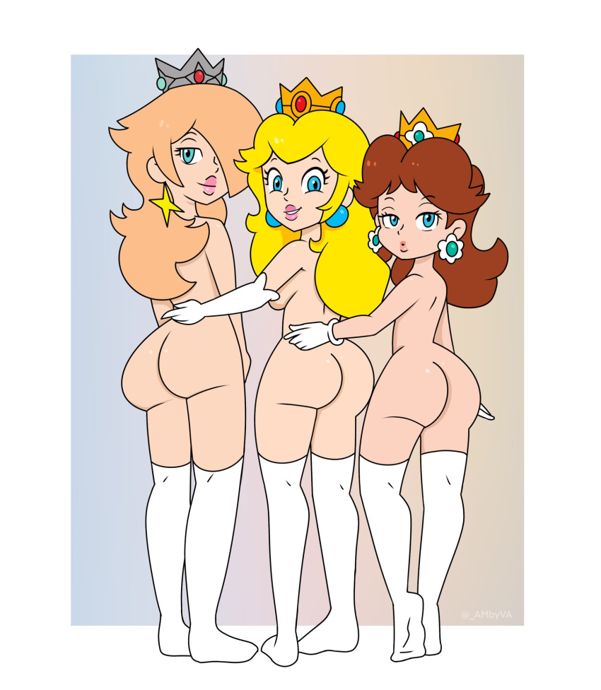 3girls accurate_art_style ambyva ass ass_focus big_ass big_breasts big_butt big_lips blonde_hair blue_eyes breasts brown_hair bubble_butt busty butt butt_focus crown cute cute_face ear_piercing earrings female female_focus female_only gloves legs light-skinned_female light_skin long_gloves looking_at_viewer looking_back mario_(series) mostly_nude mostly_nude_female multiple_girls naked naked_female naked_thighhighs nintendo nude nude_female partially_clothed platinum_blonde_hair princess princess_daisy princess_peach princess_rosalina royalty smile smile_at_viewer smiling smiling_at_viewer tagme thick thick_ass thigh_highs thighhighs thighs white_gloves white_legwear white_thighhighs