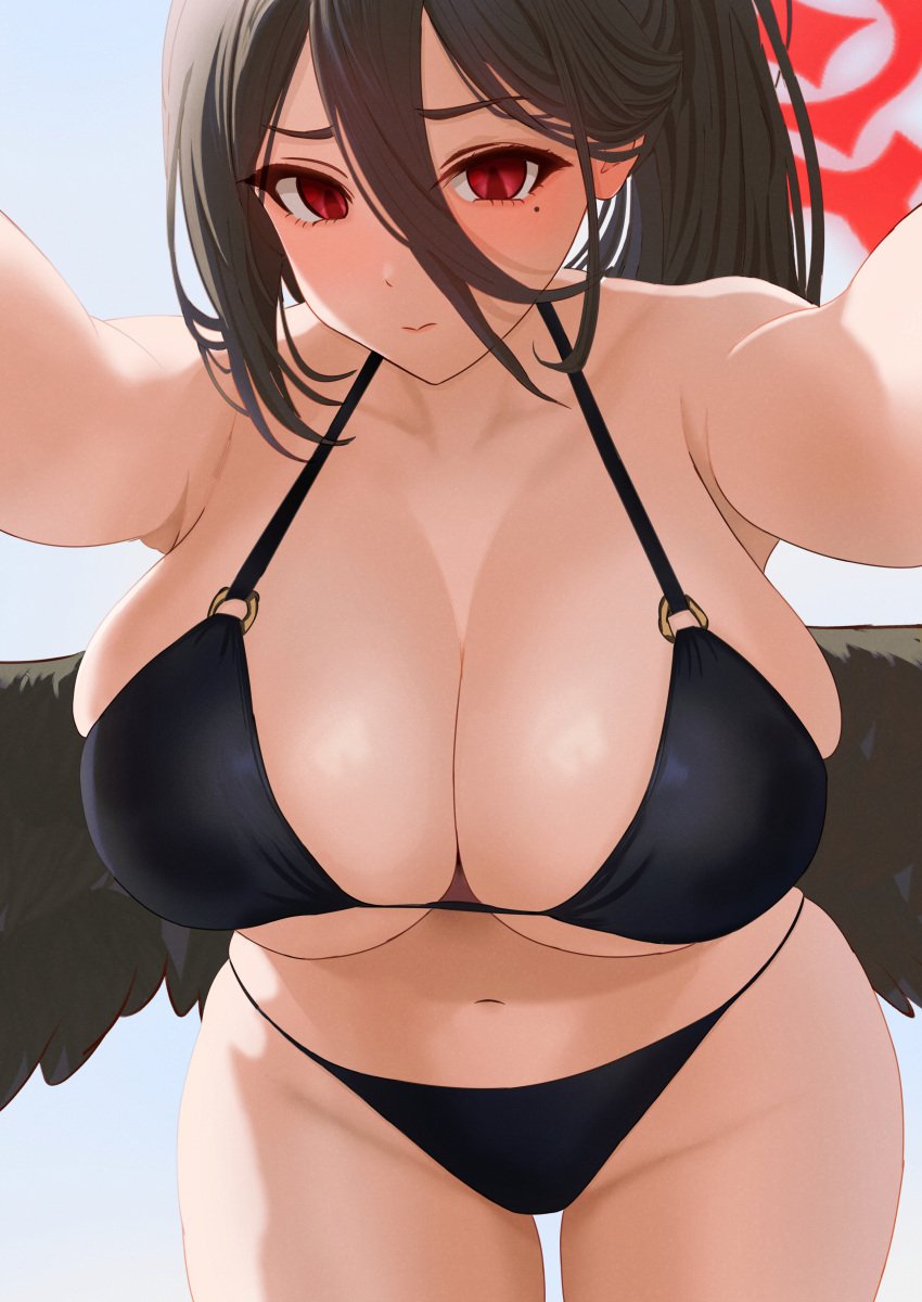 1girls big_breasts bikini bikini_bottom bikini_top black_bikini black_hair black_wings blue_archive bottomwear breast_focus breasts cleavage female female_only hair halo hasumi_(blue_archive) huge_breasts justice_task_force_(blue_archive) large_breasts light-skinned_female light_skin looking_at_viewer mole mole_under_eye ni_tamago_sando ponytail red_eyes solo swimwear thighs topwear trinity_general_school_student wings