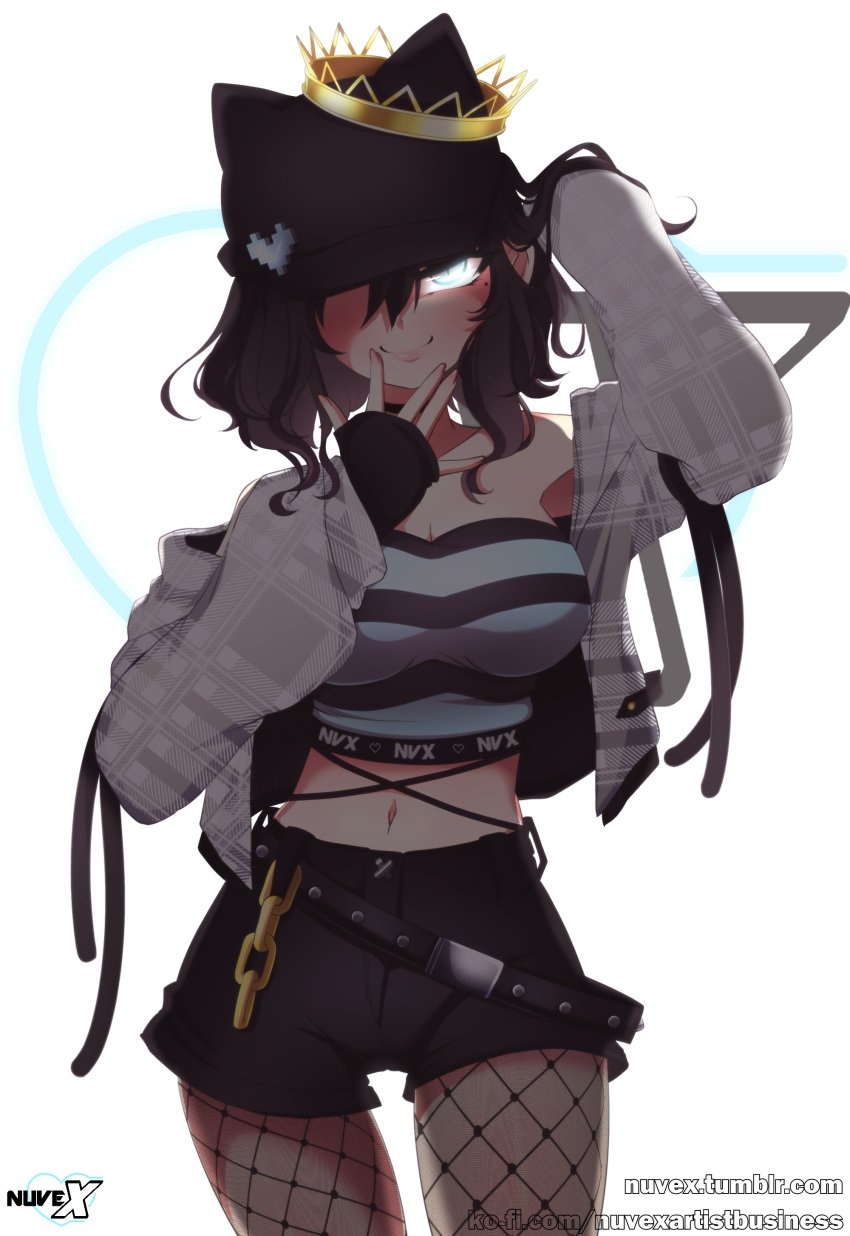 1girls artist_name bare_shoulders belt belt_buckle black_choker black_hair cap chain choker crop_top crown cyan_eyes fingerless_gloves glowing_eyes hands_behind_head highres jacket large_breasts looking_at_viewer malicious_smile medium_hair midriff navel nuvex original pixel_heart ribbons shorts signature stockings striped_clothing tagme thighs transparent_stockings white_background white_jacket