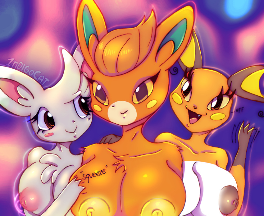 1ndigocat 2022 anthro areola big_breasts breast_squeeze breasts brown_areola brown_eyes eyelashes female female/female fur grey_body grey_fur group hi_res long_ears long_eyelashes minccino nintendo nipples orange_body orange_fur pawmi pink_areola pokémon_(species) pokemon pokemon_(species) raichu selfie toony trio video_games yellow_areola yellow_body yellow_fur