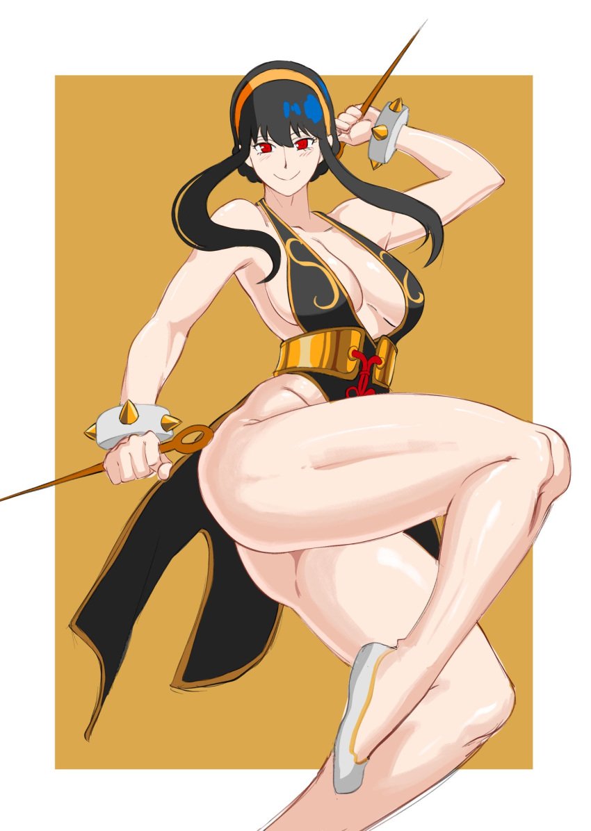 1girls bent_leg black_hair capcom chinese_clothes chun-li_(cosplay) cosplay female female_only hairband hi_res leg_up long_hair looking_at_viewer octavius_dp red_eyes skimpy skimpy_clothes smiling smiling_at_viewer solo spiked_bracelet spy_x_family standing_on_one_leg street_fighter thick_thighs yor_briar