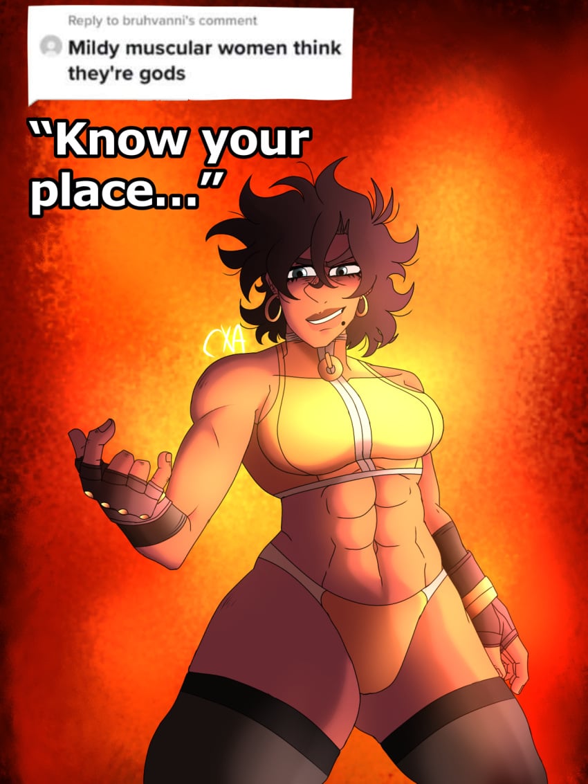 abs absolute_territory blue_eyes brown_hair brown_skin chromexorannex coco_joestar earrings know_your_place meme mildly_muscular_woman mole muscular_female oc original_character ourobouro smiling_at_viewer social_media thighhighs toned_female two_piece_swimsuit