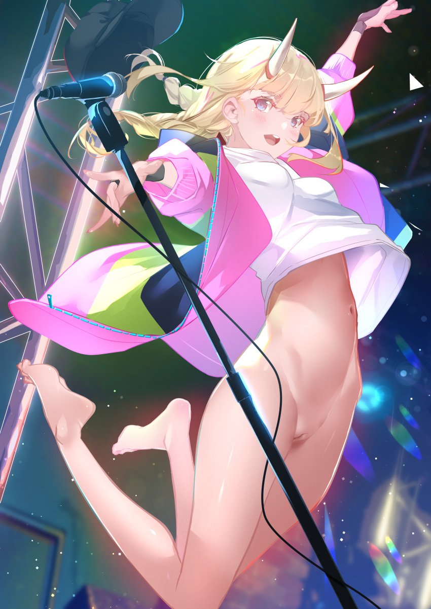 barefoot black_headwear blonde_hair blue_eyes bottomless clothing feet female hat hat_removed headwear headwear_removed horns jacket legs long_hair looking_at_viewer medium_breasts microphone navel nipples no_panties nude one_arm_up open_mouth paripi_koumei pussy smile solo sydus thighs tsukimi_eiko uncensored vagina white_horns