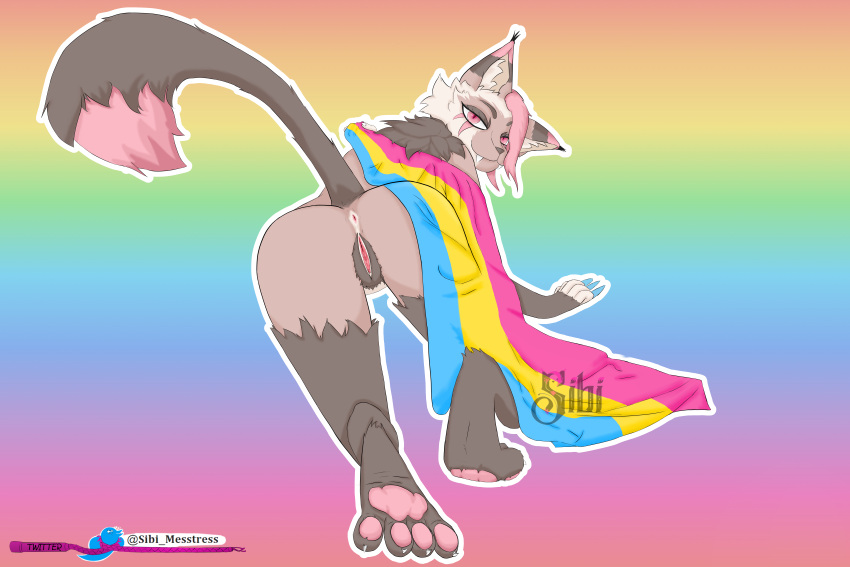 absurd_res anthro bodily_fluids domestic_cat felid feline felis female flag genital_fluids genitals hi_res lgbt_pride maine_coon mammal pansexual_pride_colors pride_color_flag pride_colors pussy pussy_juice sibi_the_messtress sibithia_the_cat solo