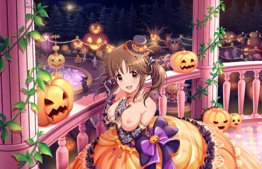 10s artist_request bare_shoulders blush bow breastless_clothes breastless_clothing breasts breasts_out brown_eyes brown_hair casual_nudity collarbone dress elbow_gloves female frills gloves hair_ornament halloween halloween_costume hat idolmaster idolmaster_cinderella_girls idolmaster_cinderella_girls_starlight_stage jack-o'-lantern jewelry lace long_hair looking_at_viewer medium_breasts moon necklace night nipples nude_filter open_mouth pumpkin ribbon sleeveless smile solo_focus third-party_edit topless topless_dress totoki_airi tree twintails witch_hat