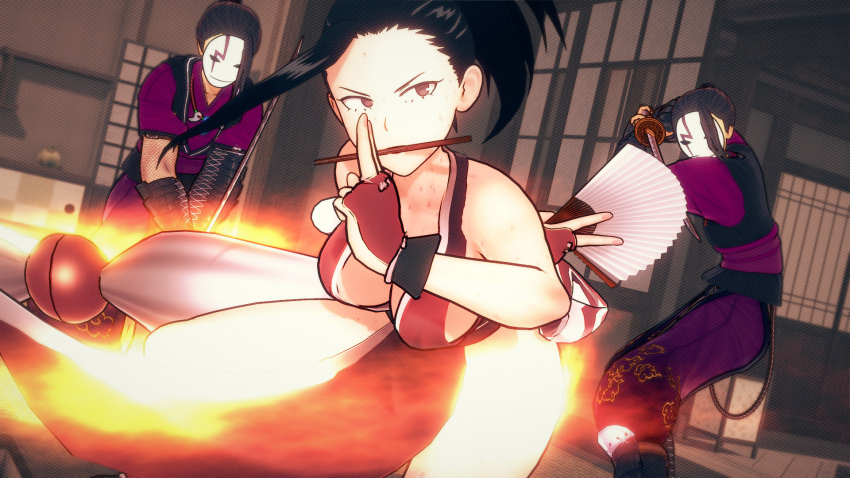 1girls 3d big_breasts biyo cosplay dark_hair fatal_fury female fight fire guss japanese_clothes king_of_fighters kunoichi mai_shiranui mai_shiranui_(cosplay) male momo_yaoyorozu my_hero_academia ninja no_bra