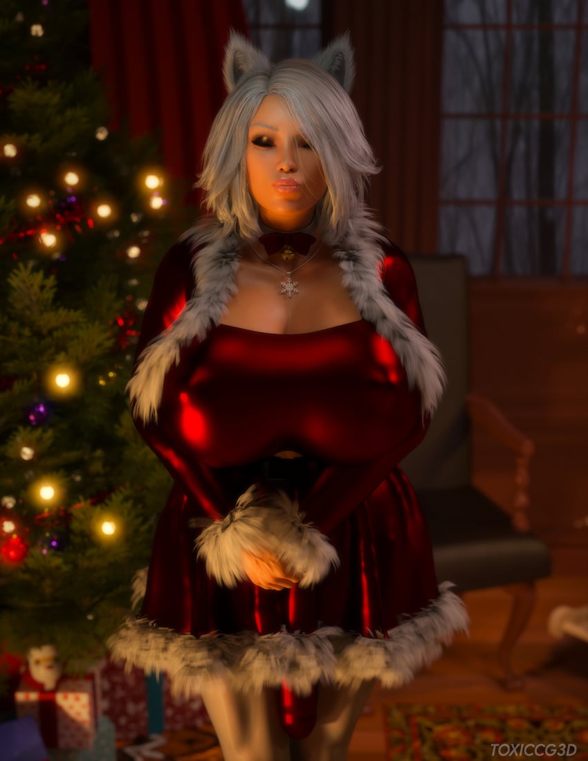 1futa 3d alternate_version_available athletic_futanari balls big_breasts breast_implants bulge busty christmas_clothing closed_eyes dickgirl eyeshadow fake_breasts flaccid flaccid_penis futa_only futanari glasses hourglass_figure kanna_morikawa_(toxiccg3d) kitsune panties penis pinup pov pursed_lips rubber_duck testicles toxiccg3d white_hair