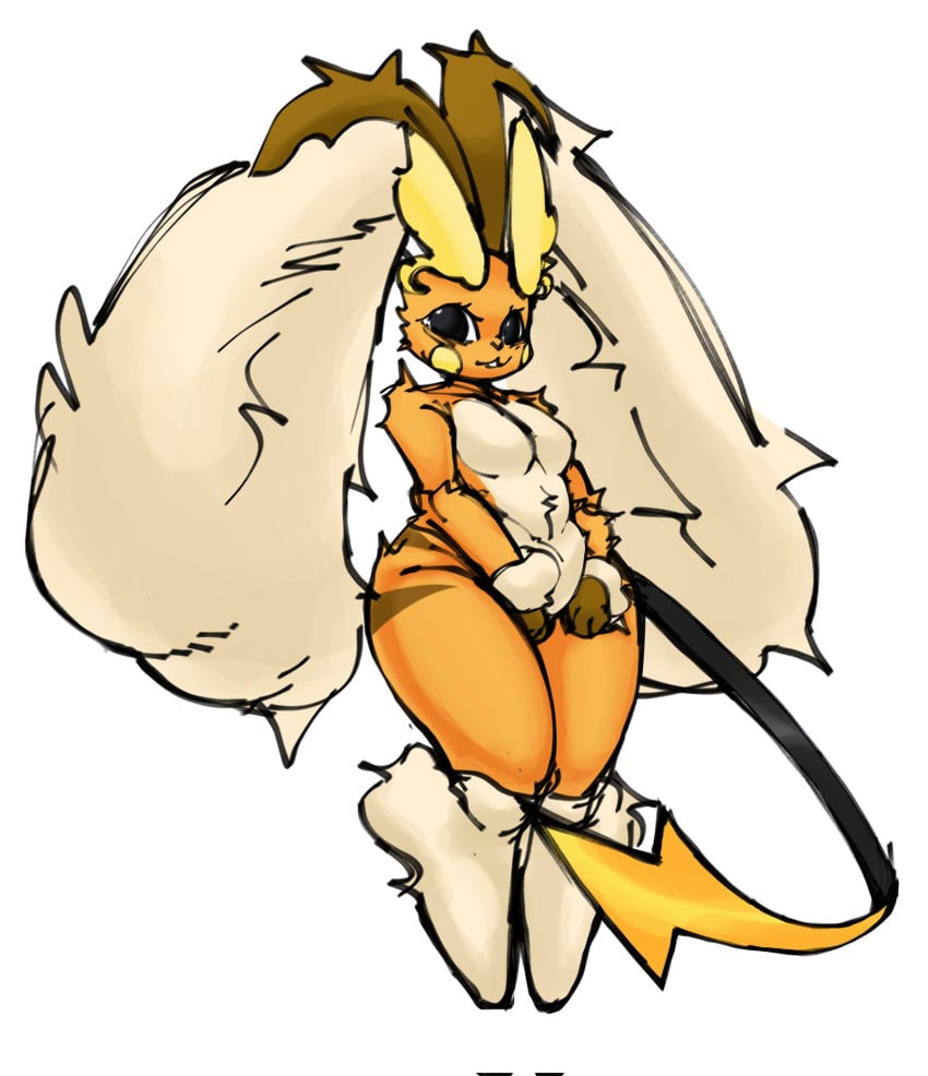 2023 anthro belly belly_button big_breasts big_pupils black_pupils breasts brown_fur bunny_ears chubby chubby_female curvy female female_only fluffy_ears furry game_freak hands_on_thighs hips hips_wider_than_shoulders lagomorph long_ears long_tail looking_at_viewer lopunny nintendo orange_body orange_fur pokemon pokemon_(species) pokemon_fusion pokemon_infinite_fusion raichu raichu-lopunny raipunny smirk solls0ll solo solo_female thick thick_legs thick_thighs thighs voluptuous white_background white_body white_fur wide_hips yellow_cheeks yellow_fur yellow_tail