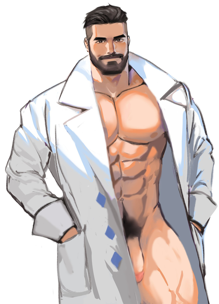 1boy abs bara bare_pectorals beard black_hair bottomless closed_mouth dopq facial_hair flaccid hands_in_pockets highres jang_ju_hyeon labcoat looking_at_viewer male_focus male_only male_pubic_hair muscular muscular_male naked_labcoat navel nipples open_clothes open_labcoat pectorals penis pokemon pokemon_(game) pokemon_sv professor_turo pubic_hair short_hair simple_background smile solo undercut white_background