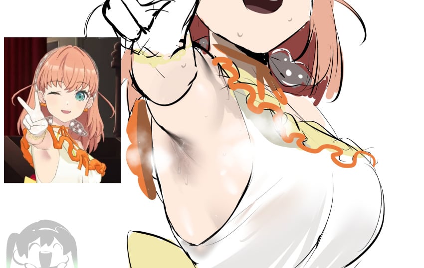 2girls armpit_stubble armpits breasts chibi fully_clothed gradient_hair hinoshita_kaho link!_like!_love_live! love_live! love_live!_nijigasaki_high_school_idol_club okpriko open_mouth peace_sign redraw screencap smile steaming_body sweat sweating takasaki_yuu