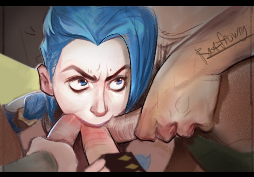 1girls 3boys 3boys1girl angry angry_face arcane arcane_jinx blue_hair close-up color colored fellatio full_color gangbang group_sex jinx_(league_of_legends) league_of_legends looking_up mrfrownyrat multiple_boys oral penis pushing sex sketch triple_barrel_fellatio triple_oral triple_penetration