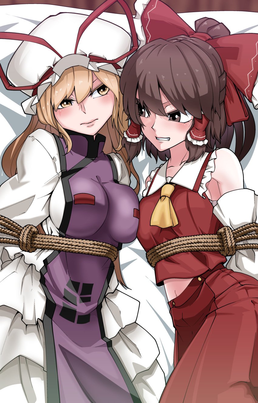 2girls arms_behind_back bondage clothed female femsub kikoka_(mizuumi) multiple_girls multiple_subs reimu_hakurei rope touhou yukari_yakumo