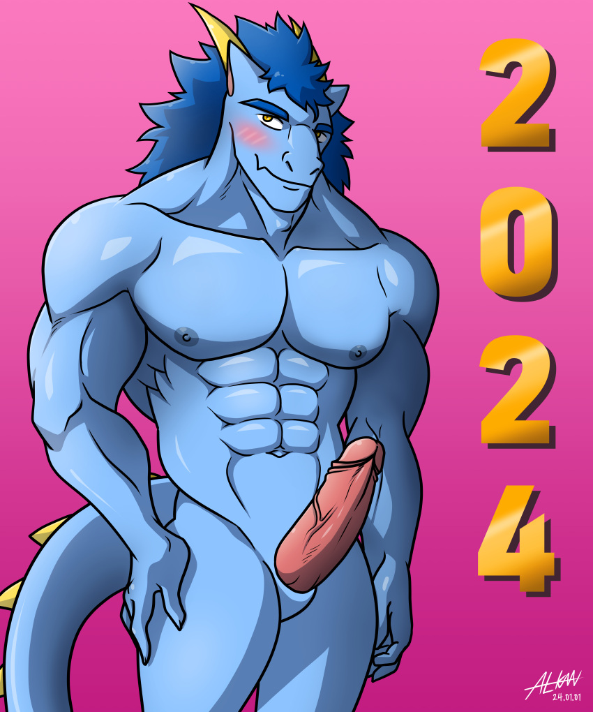 abs absurd_res alkan anthro big_pecs big_penis blue_body blue_hair blue_skin dragon erection genitals hair hi_res horn male moobs muscular muscular_anthro muscular_male navel nipples nude nude_anthro nude_male pecs penis pink_penis solo yellow_eyes