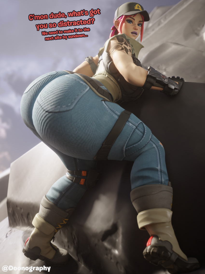 3d angry blender_(software) bubble_ass dialogue doonography explorer_emilie_(fortnite) female fortnite fortnite:_battle_royale huge_ass looking_at_viewer looking_back viewed_from_behind viewer_perspective