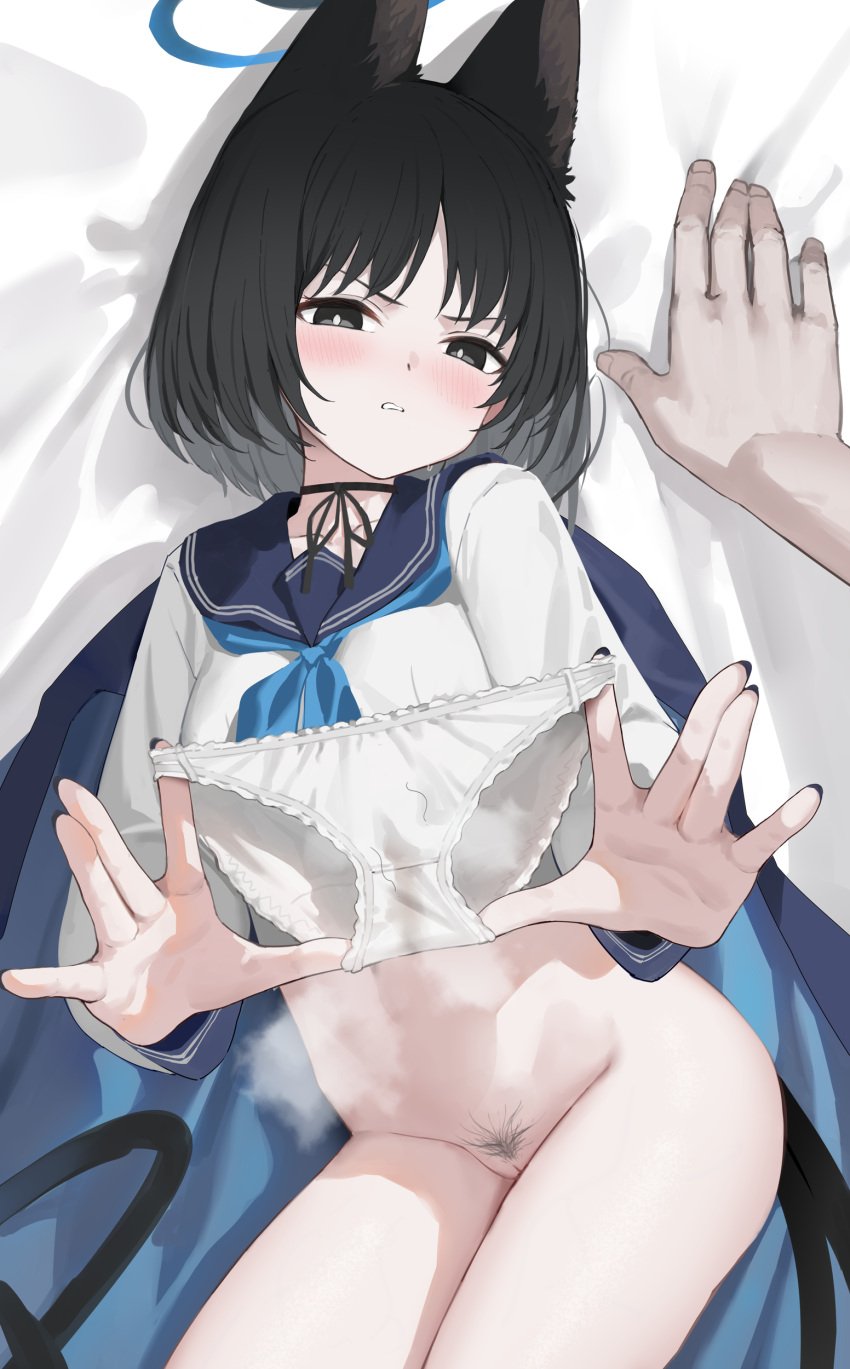 1boy absurdres allied_hyakkiyako_academy_student animal_ears black_choker black_eyes black_hair black_ribbon blue_archive blue_halo blue_neckerchief blue_sailor_collar cat_ears cat_girl choker commentary_request female female_pubic_hair hagi_(ame_hagi) halo highres holding holding_clothes holding_panties holding_underwear hyakkaryouran_conflict_resolution_council_(blue_archive) kikyou_(blue_archive) long_sleeves looking_at_viewer lying neckerchief on_back panties pov presenting_removed_panties pubic_hair ribbon ribbon_choker sailor_collar school_uniform serafuku shirt short_hair straight thighs underwear white_shirt