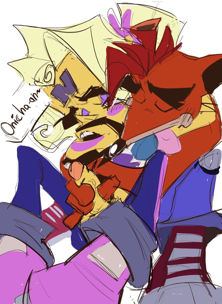 2boys activision anthro ass bodily_fluids coco_bandicoot_(cosplay) cosplay crash_(series) crash_bandicoot crash_twinsanity doctor_neo_cortex duo furry furry_male gay genital_fluids genitals grabbing_from_behind handjob hi_res human interspecies kissing licking lipstick makeup male male/male male_only mammal penile penis precum sex text tongue tongue_out ugly_man yaoi zlobnoforka