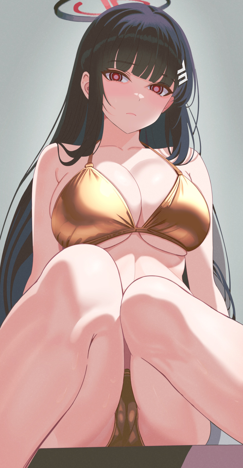 1girls big_breasts bikini bikini_bottom bikini_top black_hair blue_archive bottomwear breasts cleavage female female_only gold_bikini hair halo huge_breasts legs long_hair looking_at_viewer millennium_science_school_student ni_tamago_sando red_eyes rio_(blue_archive) seminar_(blue_archive) solo solo_female swimwear thighs topwear