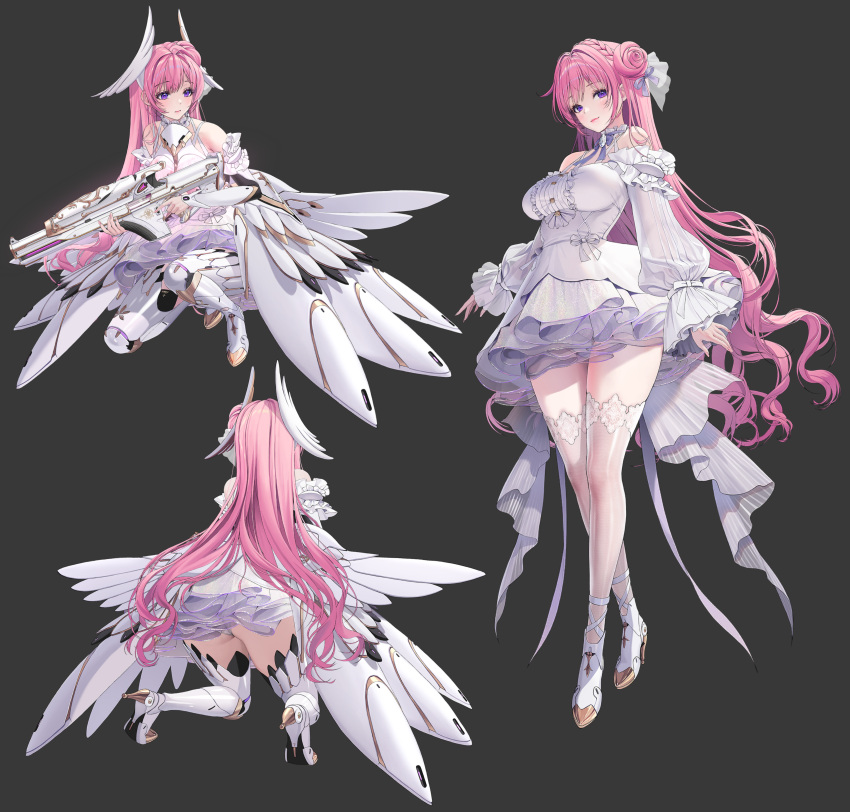 1girls angel_wings big_breasts breasts dorothy_(nikke) dress goddess_of_victory:_nikke gray_background gun heels large_breasts long_hair multiple_poses multiple_views official_art pink_hair purple_eyes sprite thighhighs thighs weapon white_dress