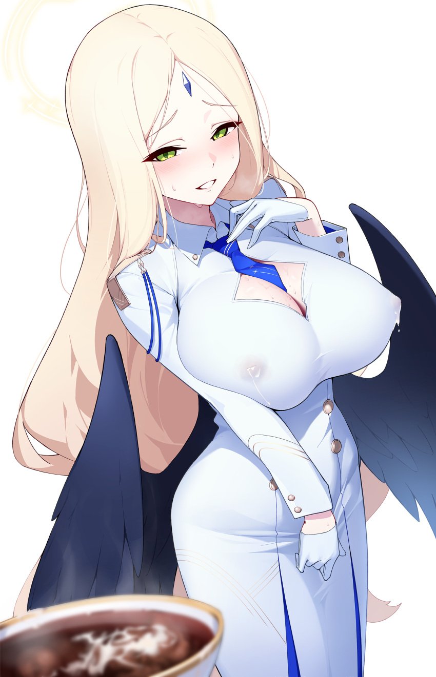 absurdres ayumu_(blue_archive) black_wings blonde_hair blue_archive blue_necktie blush breasts coffee covered_nipples dress feathered_wings female general_student_council_(blue_archive) gensui_hime gloves green_eyes halo highres lactating lactation lactation_through_clothes large_breasts long_hair long_sleeves looking_at_viewer milk necktie open_mouth parted_bangs simple_background smile solo white_background white_dress white_gloves wings yellow_halo