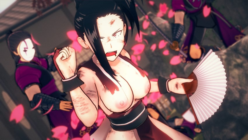 1girls 3d annoyed big_breasts biyo cosplay dark_hair defeated fatal_fury female fight fire guss japanese_clothes king_of_fighters kunoichi mai_shiranui mai_shiranui_(cosplay) male momo_yaoyorozu my_hero_academia ninja no_bra rape ryona showing_breasts torn_clothes