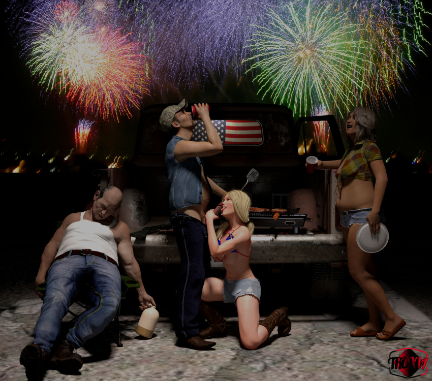 2021 2boys 2girls 3d abs american_flag bikini bikini_aside bikini_top bikini_top_aside blonde_hair blowjob clothed clothed_sex clothing drunk fellatio female fireworks fred_(troxvi) jean_shorts male mature mature_female mature_male multiple_boys multiple_girls night oral outdoor outdoor_sex outdoors penis redneck sal_carpenter_(troxvi) sleeping slushe_(website) straight troxvi