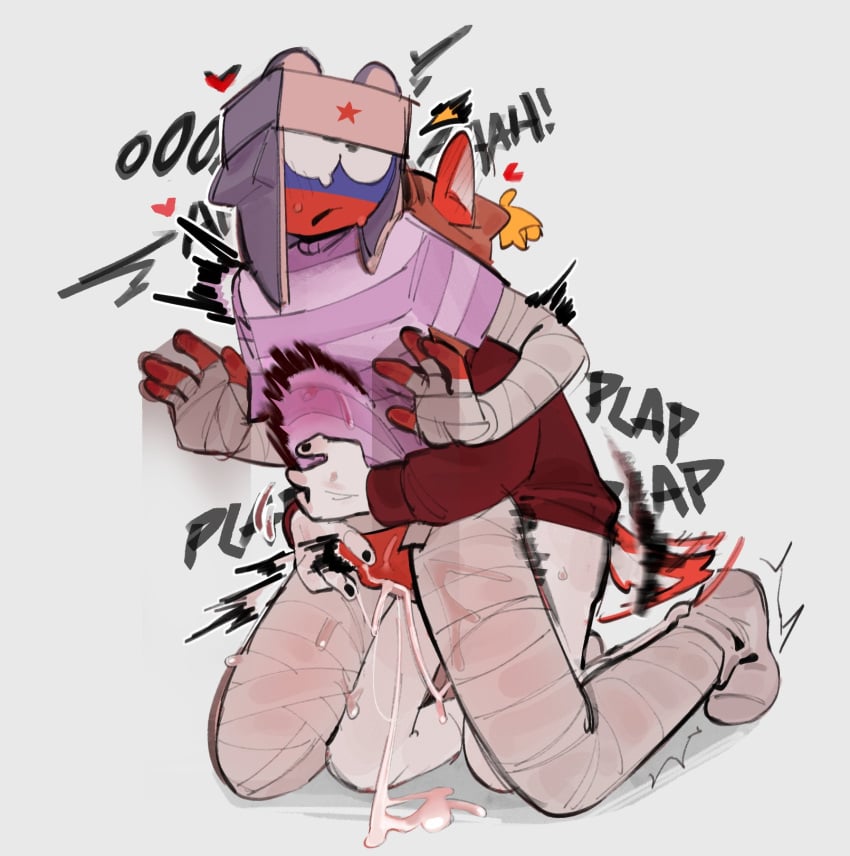 2boys ailewzol anal anal_sex animal_ears clothed_sex clothing countryhumans gay gay_sex male male_only onomatopoeia penetration peru_(countryhumans) red_body red_skin russia_(countryhumans) spanish_text stomach_bulge text white_background white_body white_skin yaoi