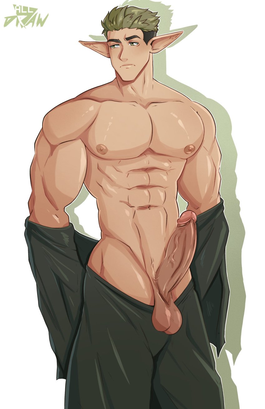 1boy 2023 all_draw balls bara bara_tits barazoku big_balls big_penis clothing elf erection gay hard_on kraft_(sousou_no_frieren) male male_focus male_nipples male_only manly muscular_male nipples nude penis pointy_ears solo solo_male sousou_no_frieren yaoi