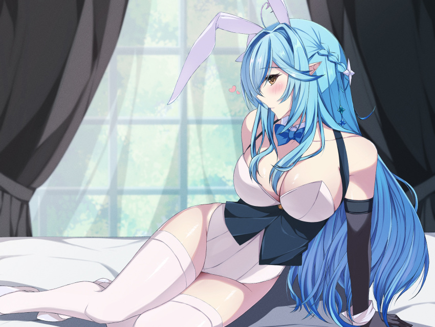 1girls blue_hair braid braided_hair bunny_ears bunnysuit chimunge cleavage female hair_ornament highleg hololive hololive_gen_5 hololive_japan inside large_breasts light-skinned_female light_skin long_hair looking_at_viewer lying lying_on_side no_bra pointy_ears ribbon side_profile solo star straight_hair thighhighs virtual_youtuber window yellow_eyes yukihana_lamy