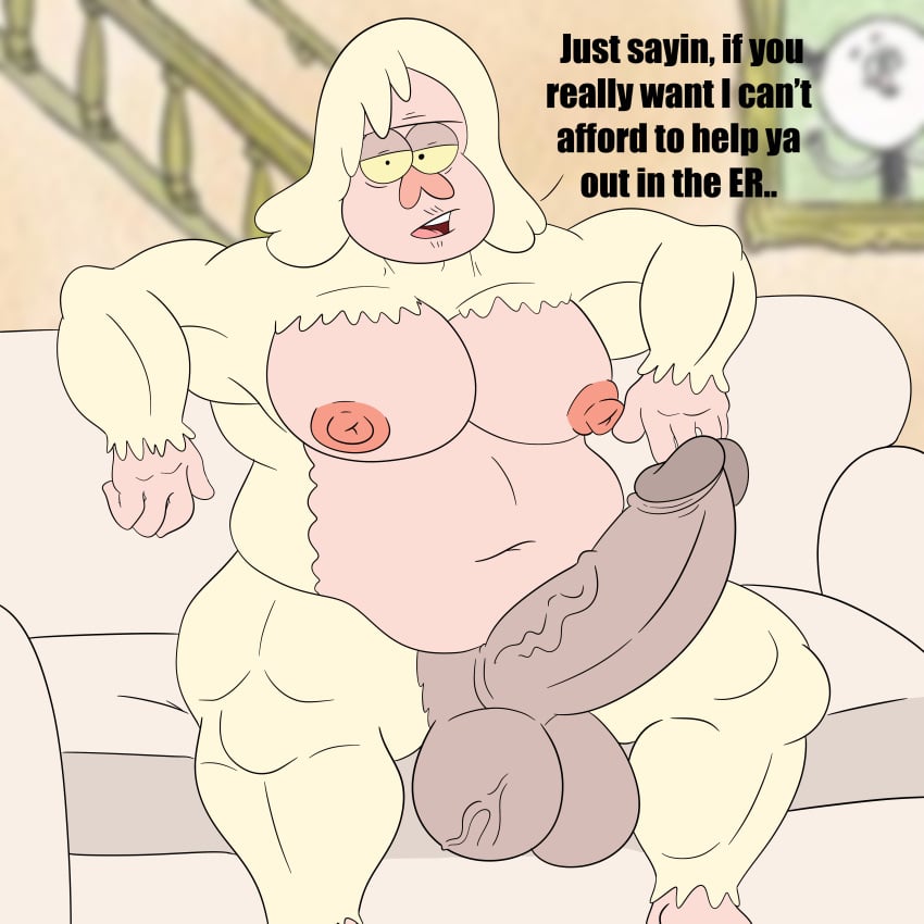 absurd_res anthro belly big_penis bodily_fluids cartoon_network furniture genitals hi_res huge_cock humanoid looking_at_viewer male muscular nipples on_sofa penis possbooty presenting presenting_penis regular_show sitting sitting_on_sofa skips_(regular_show) slightly_chubby sofa solo solo_male spreading