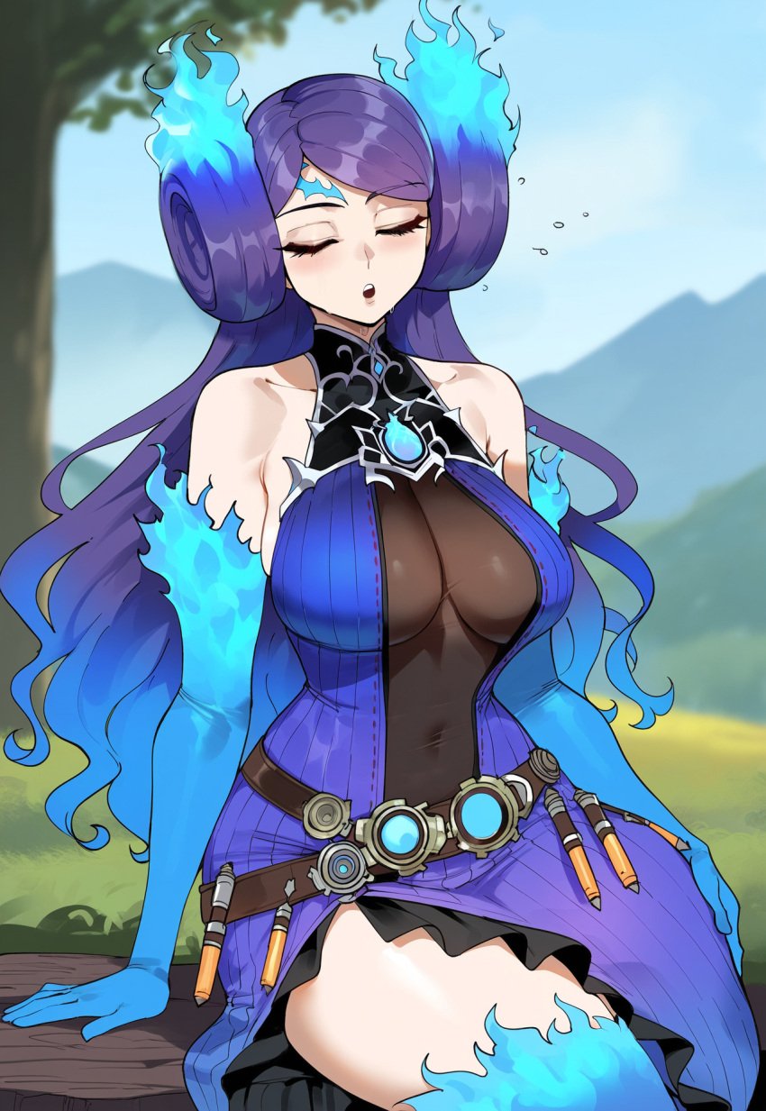 1girls ai_generated blue_hair brighid_(xenoblade) core_crystal creamy_ai curvy female fiery_hair fire_hair flaming_hair light-skinned_female light_skin long_hair monolith_soft multicolored_hair nintendo purple_hair tagme xenoblade_(series) xenoblade_chronicles_2