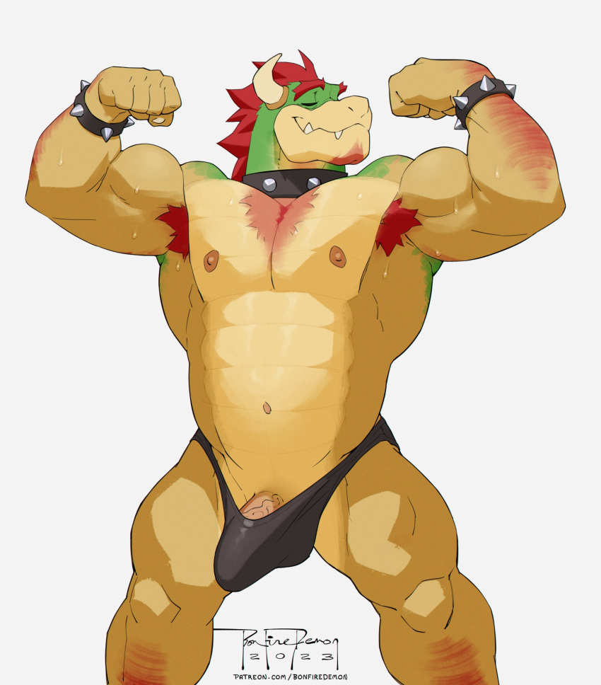 1boy 2023 anthro armpit_hair artist_logo artist_name bara beefy beige_countershading body_hair bonfiredemon bowser chest_tuft dick_root erection facial_hair flexing genitals goatee green_head hairy_arms hairy_legs hi_res horns koopa male male_nipples male_only mario_(series) masculine mature_male mohawk_(hairstyle) muscles muscular_male nintendo ochre_skin patreon_username penis red_hair scalie solo tenting tuft vein veiny_penis